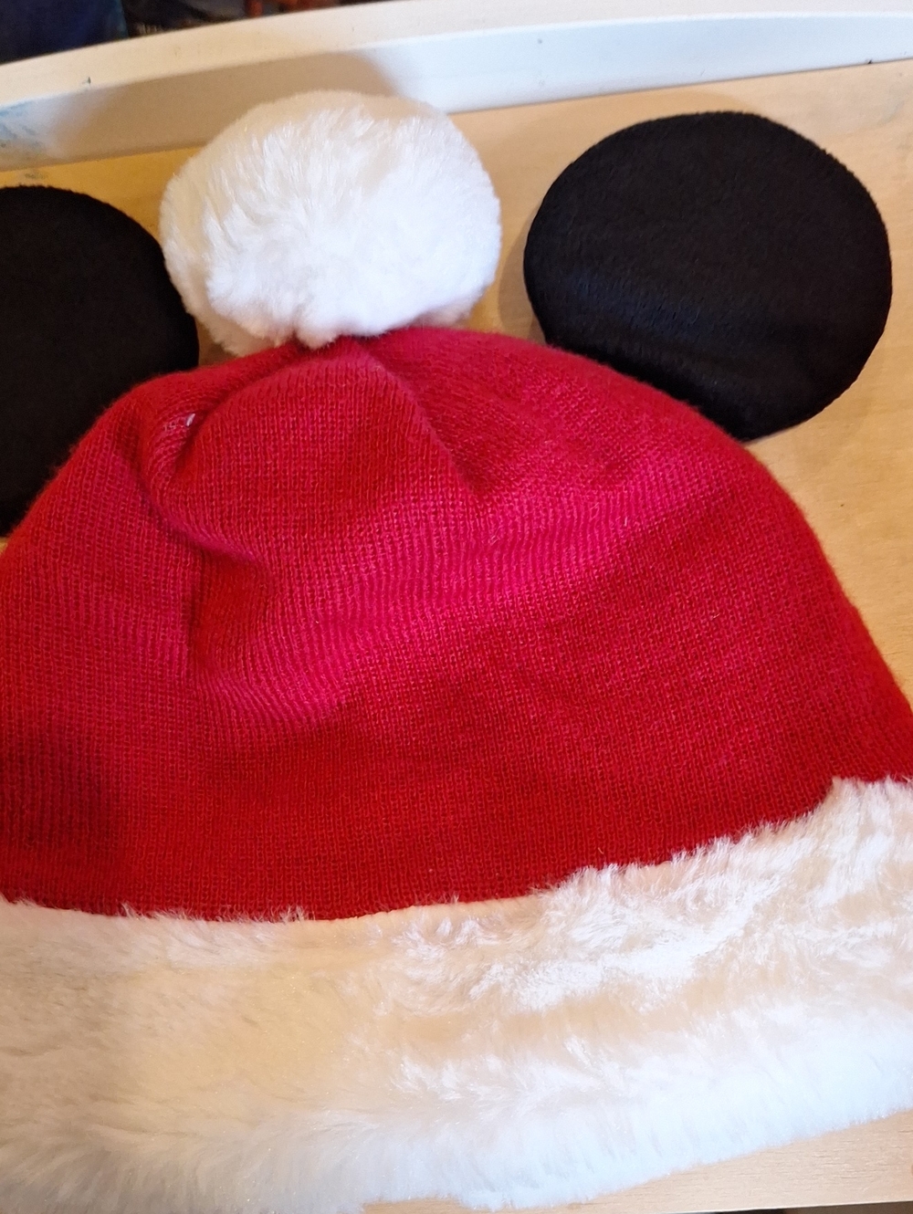 Disney Red Knit Hat with Black Mickey Ears and White Faux-Fur Trim